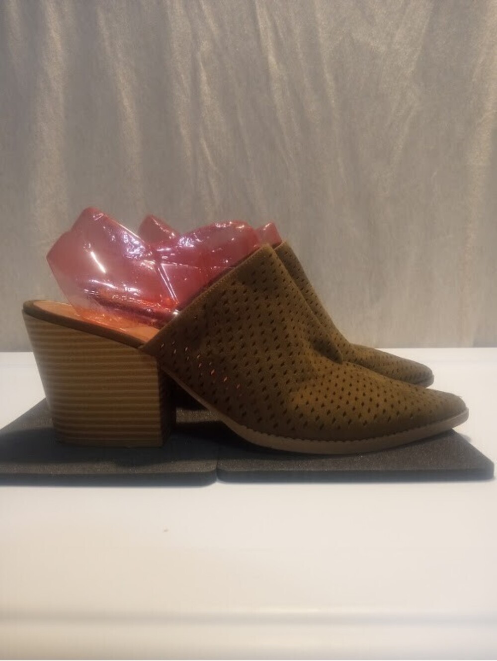 Burnt Olive Kaari Blue Block Laser Cut Heel Mules Size 9.5 Fall GUC